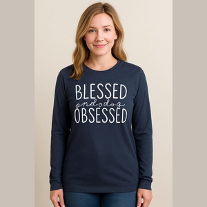 Heather Blue Blessed and Dog Obsessed Long Sleeve Graphic Shirt